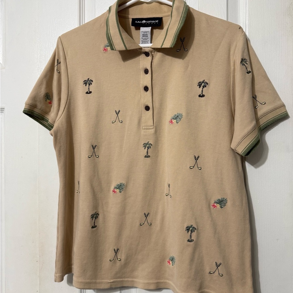 Sag Harbor Tan Polo Golf Shirt with Green Stripes
